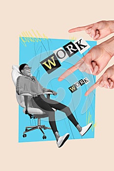 Vertical collage picture of huge arms point finger black white gamma imressed person sit chair work text isolated on