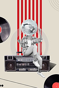 Vertical collage picture illustration black white filter headless woman disco ball retro dance oldschool party unusual