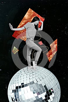 Vertical collage picture illustration monochrome effect beautiful smile young woman dance discotheque ball retro unusual