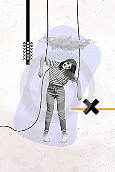 Vertical collage picture illustration monochrome effect sadness depressed young woman puppet slave manipulation unusual