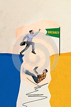Vertical collage picture illustration young successful attractive man run reach goal find new job fall freelance worker