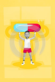 Vertical collage picture of impressed black white gamma guy big head arms hold huge pill isolated on yellow background