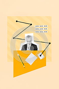 Vertical collage picture of minded black white gamma grandfather think contemplate workplace desk pencil paper list