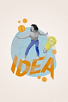 Vertical collage picture of mini black white colors girl stand bif idea word light bulb money gold coins isolated on