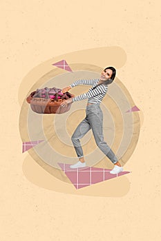 Vertical collage picture of mini cheerful girl arms hold refuse big tasty pie cake isolated on drawing beige background