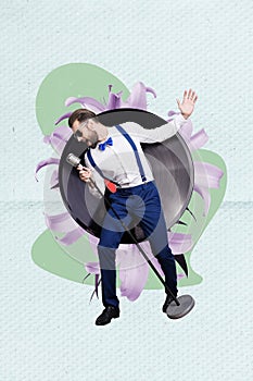 Vertical collage picture of mini classy singer guy hold microphone big vinyl record flower isolated on creative