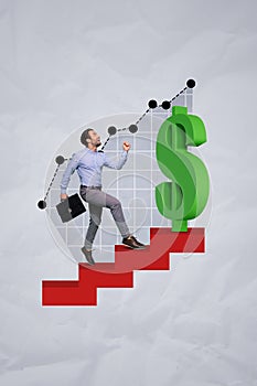 Vertical collage picture of mini excited guy climb stairs upwards big dollar money symbol isolated on grey paper