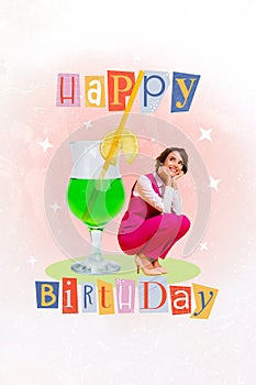 Vertical collage picture of mini positive girl think imagine big alcohol cocktail glass happy birthday poster isolated