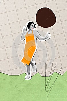 Vertical collage picture of overjoyed black white colors girl drawing apron dancing dialogue bubble isolated on