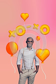 Vertical collage picture standing young businessman formalwear air balloons love affection amour valentine day