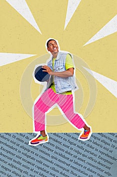 Vertical collage picture standing young man basketball player hold ball sportive active hobby professional tournament