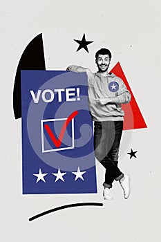 Vertical collage picture standing young man showing finger pointing election vote banner placard agitation drawing photo