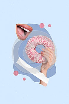 Vertical collage picture of toothy smile human mouth bite arm hold big yummy donut isolated on drawing background