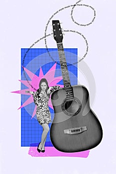 Vertical collage picture of unsatisfied mini black white colors girl learn big guitar hold microphone music isolated on