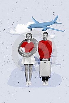 Vertical collage picture young couple partners man woman valise vacation resort passenger airplane flight travel agency