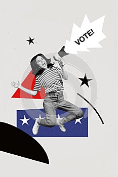 Vertical collage picture young energetic girl shouting loudspeaker announce info agitate election referendum vote photo
