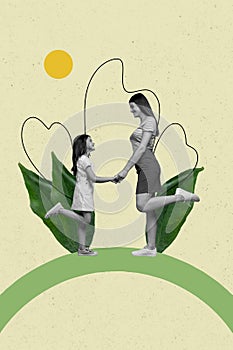 Vertical collage picture young family mother little daughter hold hands maternity day holiday sunny weather green leaves