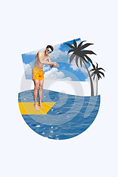 Vertical collage picture young smiling man palms environment exotic tropical resort jumper ocean swimmer drawing