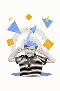 Vertical collage portrait of black white effect unsatisfied boy fingers close ears launching spaceship inside head