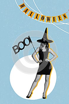 Vertical collage portrait of gorgeous conjurer girl black white gamma hold boo stick halloween flags decor isolated on