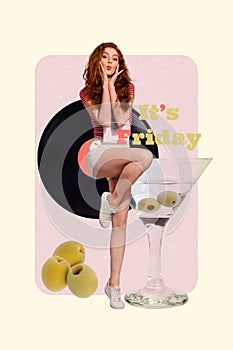 Vertical collage poster of cute happy drunk girl enjoying friday time isolated on white background