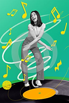 Vertical collage poster satisfied dancing sing girl stand vinyl disk have fun time retro music oldschool party green