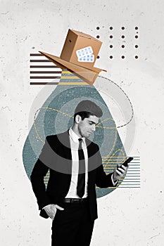 Vertical collage poster standing young successful businessman look smartphone send sms message delivery via wireless
