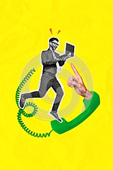 Vertical collage poster young businessman go hold laptop pc trader remote worker telecommunication phone ring customer