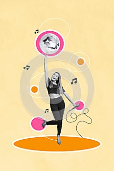 Vertical collage poster young dancing girl performance show disco club singer microphone joyful weekend event positive