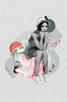 Vertical collage poster young sad woman sit mind mess chaos psychological problems waiting depressed drawing background