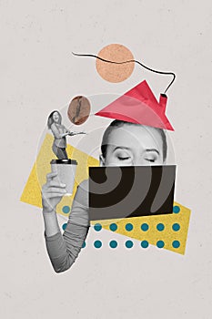 Vertical collage poster young woman head hidden mouth hold coffee cup caffeine bean drink house roof chimney hot