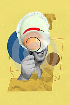 Vertical collage smiling man hold loop glass enlarger look see fried egg instead face chili pepper breakfast dish