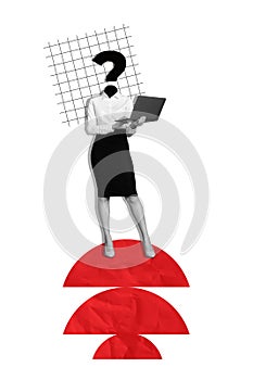 Vertical collage standing young headless businesswoman question mark face laptop remote work dilemma trouble find issue