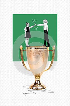 Vertical collage of two mini black white colors kids stand huge champion trophy award give high five isolated on smile