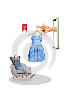 Vertical collage of young lady relaxing lying armchair choosing new blue dress in online store eshopping isolated on