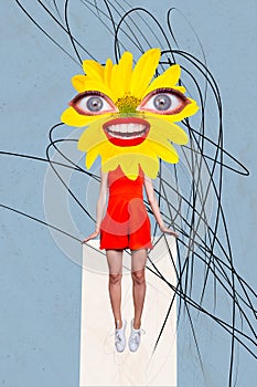 Vertical collage young levitating girl headless caricature parts fragments eyes look stare mouth pomade red lipstick