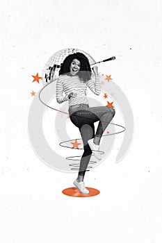 Vertical collage of youngster carefree lady dance fists up singer cable microphone disco ball retro party invitation