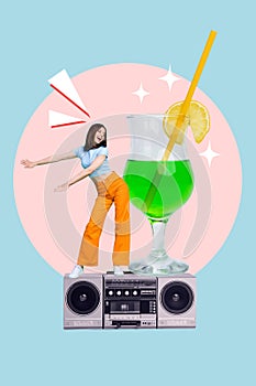 Vertical collage of youngster lady dancing energetic invitation poster summer resort party tape recorder drink martini