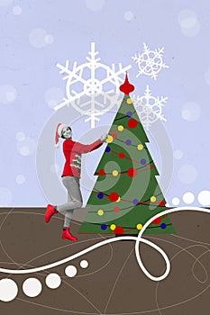 Vertical collate image of peaceful positive girl hanging toys illumination christmas pine tree painted snowflakes cold