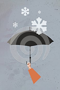 Vertical collate picture of person arm hold umbrella protect cover snowflakes isolated on creative grey background