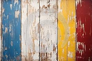 Vertical colored wood planks texture background, vintage painted boards. Old rough wooden wall, worn multicolored surface. Theme