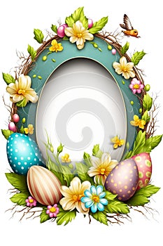 Vertical colourful rustic floral easter creation with eggs around a central oval frame, easter backdround image, generative AI