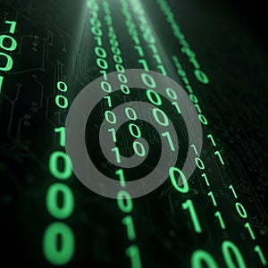 Vertical columns of glowing green binary code (0s and 1s) appear against a dark