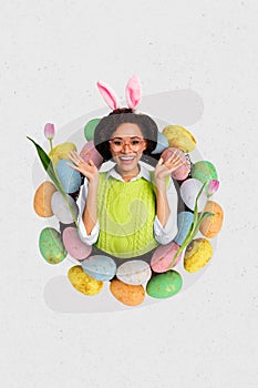 Vertical composite art collage of young cute excited girl wear green vest pink bunny ears inside basket easter eggs