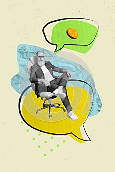 Vertical composite collage banner of intelligent elderly business man sitting armchair thinking about money isolated on