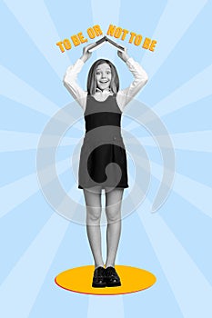Vertical composite collage of excited girl black white effect hands hold opened book above head to be or not to be text