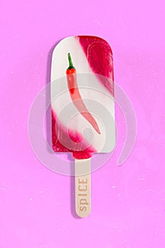 Vertical composite collage illustration of ice cream stick chili pepper inside new spice flavor isolated on creative