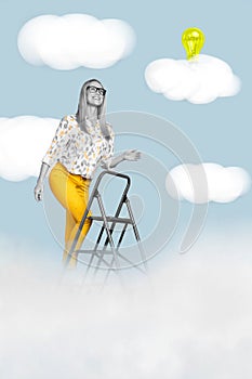 Vertical composite collage illustration of positive girl black white colors climb drawing ladder clouds sky light bulb