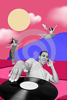 Vertical composite collage picture of three excited people black white gamma dj play vinyl record music girls dance swim