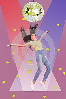 Vertical composite collage portrait of positive girl enjoy party discotheque big disco ball spotlights